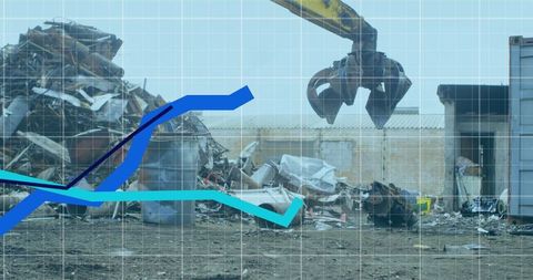 Economic Data Graphs Superimposed on Junkyard with Crane Operations