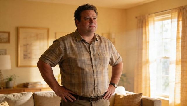 Middle-aged man standing hands-on-hips looking toward sunlit window in cozy living room