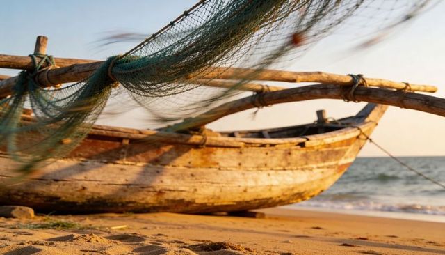 Weathered wooden fishing boat resting on sandy shore with green net draping over poles