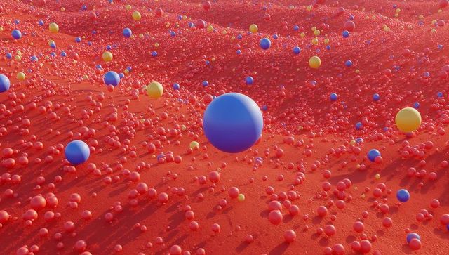 Floating blue sphere hovering over dense red orb field with yellow accent spheres