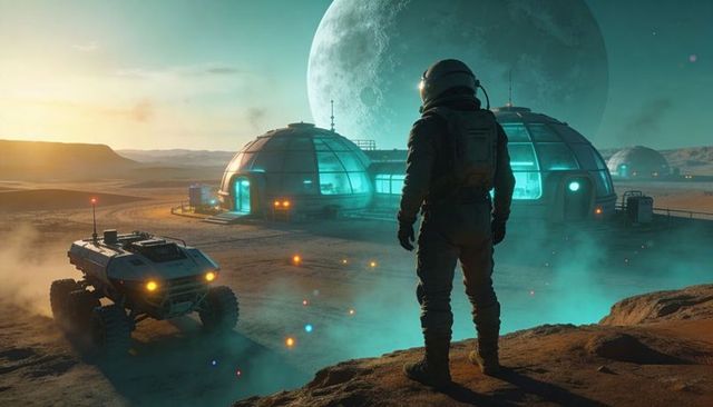 Astronaut Overlooking Futuristic Mars Base with Exploration Rover at Twilight Under Massive Moon