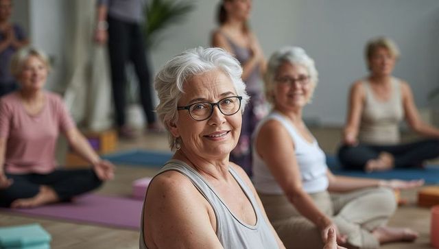 Elderly Women Enjoying Group Yoga Session Cultivating Wellness and Tranquility