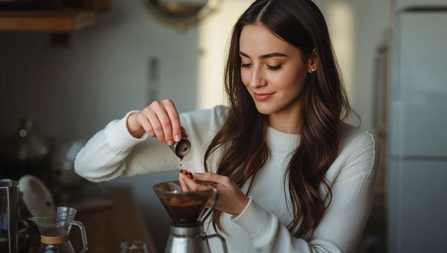 Young woman adding coffee grounds to glass dripper for pourover brewing at home kitchen