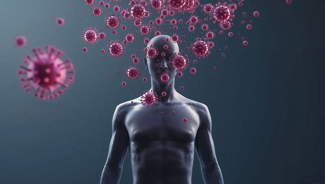 Futuristic Human Figure with Floating Virus-Like Structures