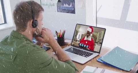 Man Video Calling Family in Festive Winter Setting