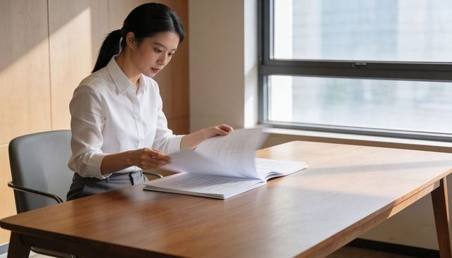 Asian professional reviewing documents at desk by window in bright office before meeting