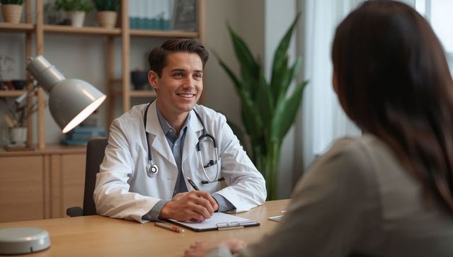 Smiling young physician consulting patient at desk with clipboard stethoscope lamp in modern clinic