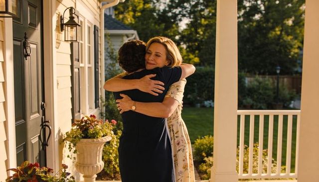 Middle-aged women hugging on sunlit front porch during golden hour, warm suburban reunion