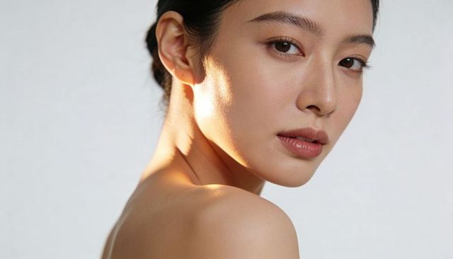 Showing luminous skin and serene gaze close-up portrait with warm rim light