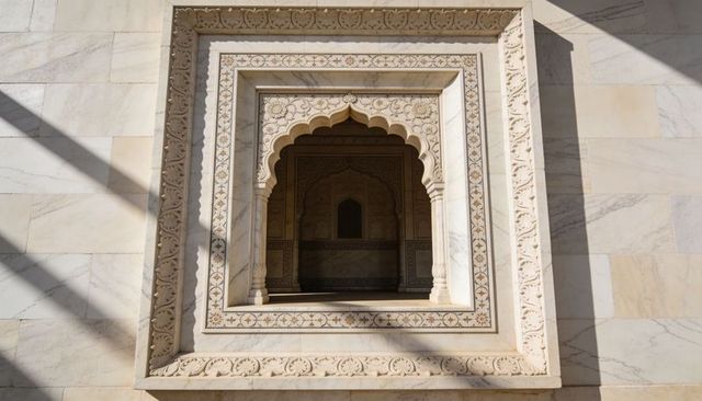 Sunlit mughal scalloped arch floral marble inlay carved frame casting diagonal shadows