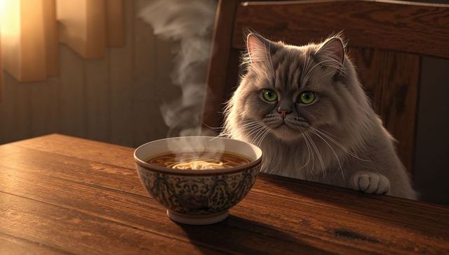 Grey Cat Admires Warm Noodle Soup at Rustic Home Table