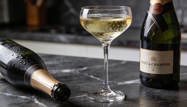 Champagne coupe with rising bubbles on marble countertop beside chilled bottles