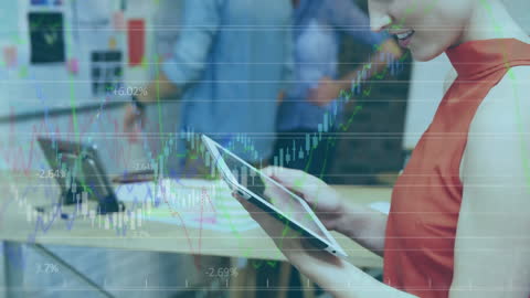 Businesswoman Analyzing Data on Tablet with Graph Overlays