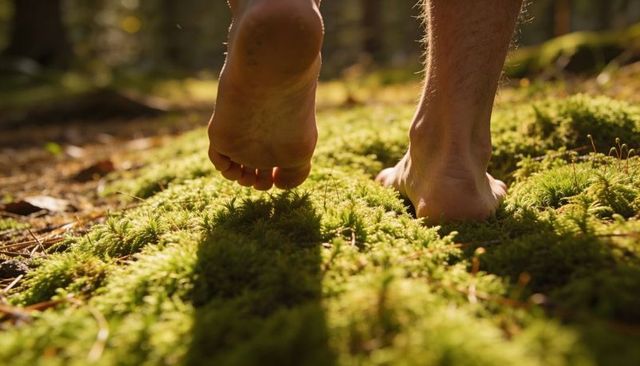 Walking barefoot on thick green mossy forest floor in sunlit woodland path