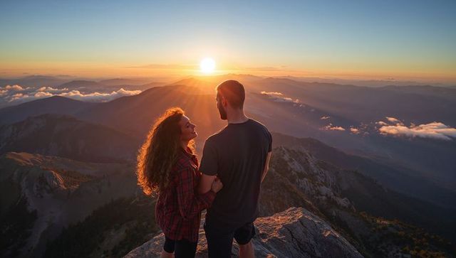 Couple watching sunset on mountain summit embracing at golden hour panoramic wilderness