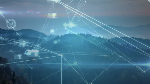 Digital Tech Network Connections Over Serene Mountain Landscape