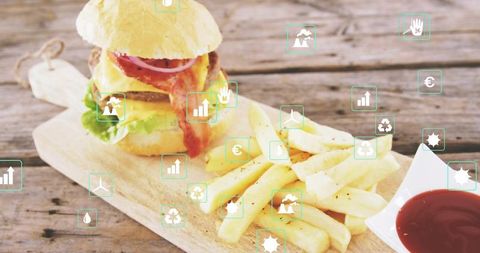 Cheeseburger with bacon and seasoned fries on rustic wooden board with tech ui overlay