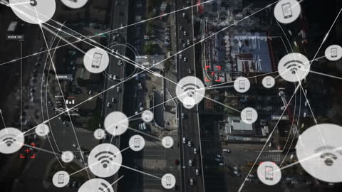 Digital Interface and Global Network Connections Over Urban Cityscape