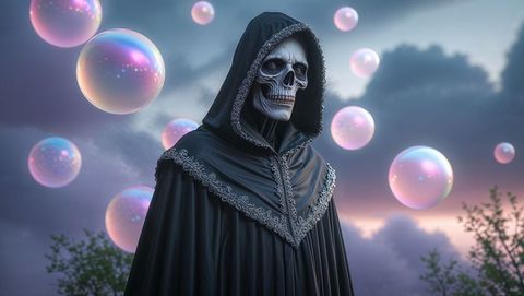 Grim reaper in cloak standing among iridescent bubbles in mystical forest