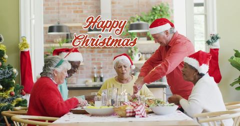 Diverse Friends Sharing Christmas Meal with Festive Greeting
