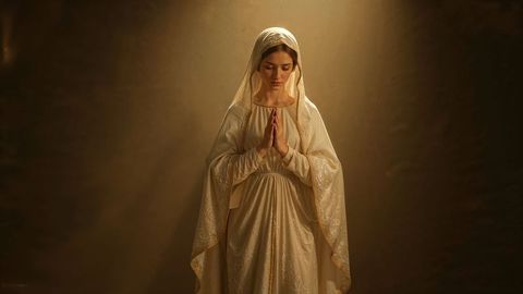 Woman in prayer with folded hands, spiritual surroundings