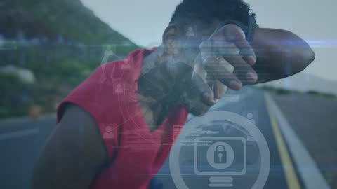 Tired Athlete with Cybersecurity Graphics Overlay