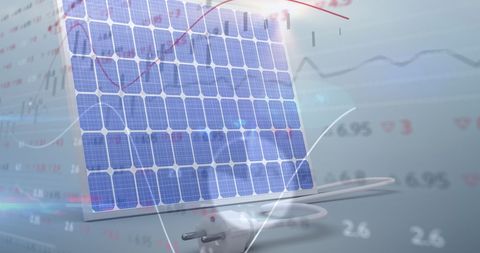 Renewable energy economies solar panel superimposed with stock data