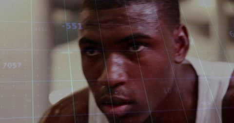 Focused athlete with grid overlay symbolizing fitness technology