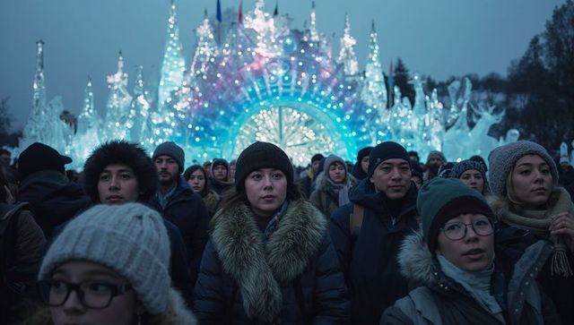 Crowd marveling at luminous ice sculptures at winter festival