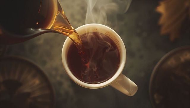 Pouring hot coffee from carafe into mug, steaming cup