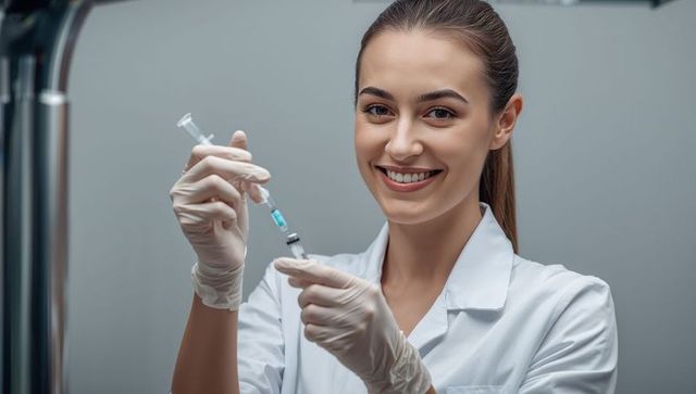 Smiling nurse drawing vaccine into syringe wearing gloves and white coat in clinic