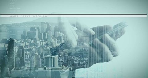 Hands Utilizing Tablet Over Cityscape with Floating Code