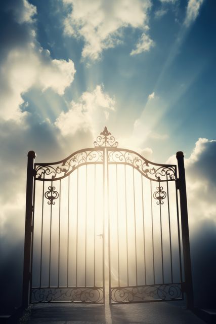 Gates of heaven with clouds and sun shining, created using generative ai technology. Heaven, sky and paradise concept digitally generated image.