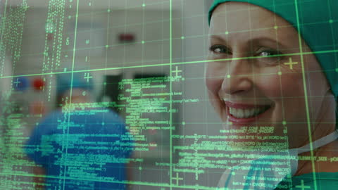 Smiling Surgeon with Digital Data Graphic Overlay in Hospital