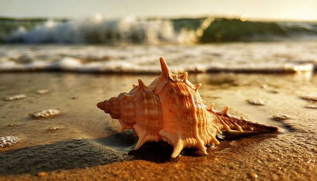Spiny seashell resting on wet sand, golden sunset light highlighting texture and gloss