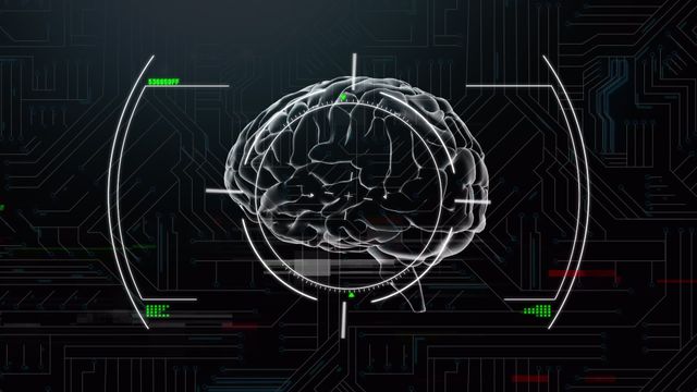 Visual depicts a brain surrounded by scanning scope and microprocessor connection in the background, representing the integration of artificial intelligence with neuroscience and digital analysis technologies. Useful for themes like AI, medical research, future technology, cognitive science, and digital innovation.