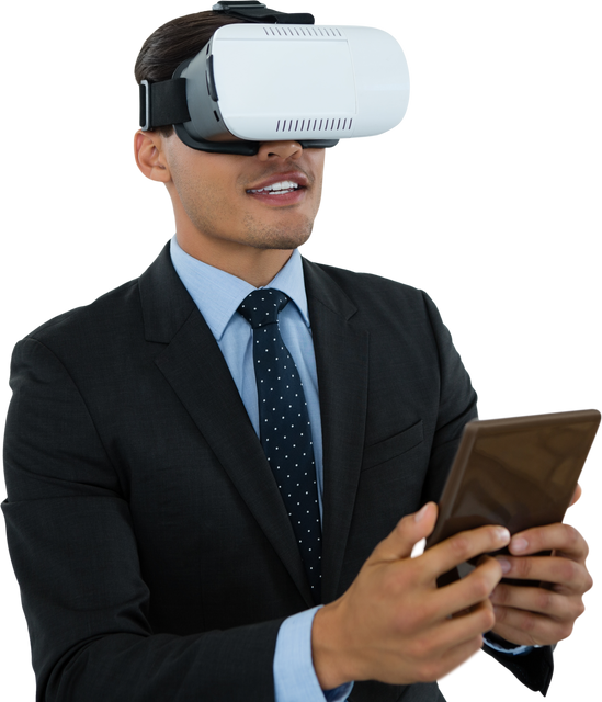 Businessman Using Virtual Reality Glasses and Tablet Transparent Visual - Download Free Stock Videos Pikwizard.com