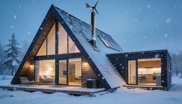 Modern a-frame cabin glowing at dusk in snowy forest, cozy winter retreat with warm light