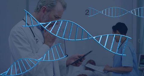 Doctor consulting digital patient record with dna helix overlay in hospital ward