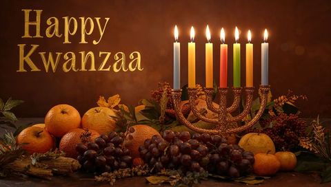 Glowing brass kinara celebrating kwanzaa with seven lit candles and autumn harvest centerpiece