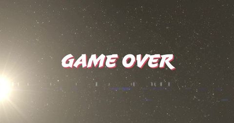 Floating game over typography over retro space starfield with lens flare
