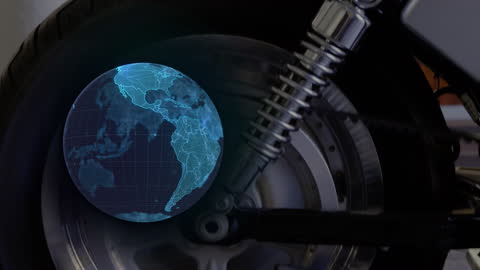 Digital Animation of Globe Overlaying Motorbike Wheel