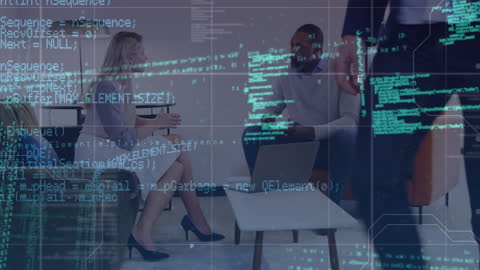 Business Team Discussing Technology Amid Digital Code Graphics
