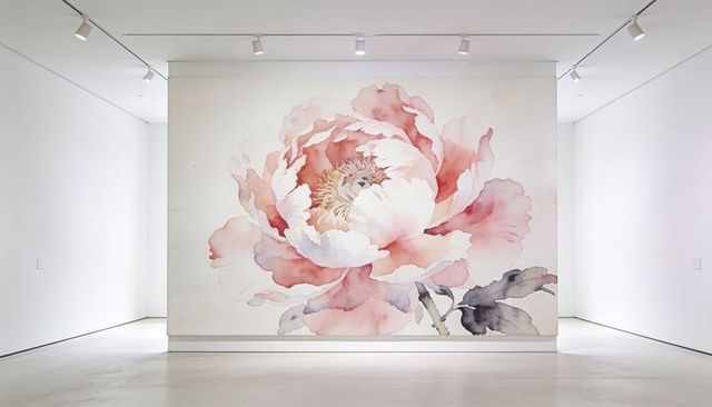 Giant watercolor peony mural blooming in minimal white gallery with soft pink pastel tones