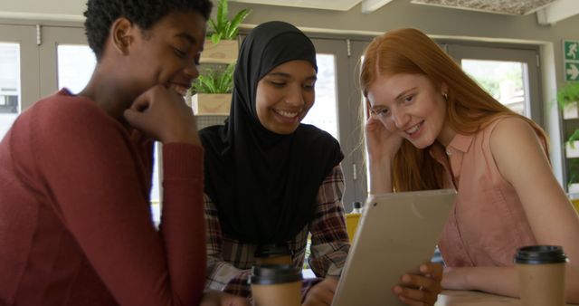 Diverse Group of Women Looking at Tablet in Cafe - Download Free Stock Images Pikwizard.com