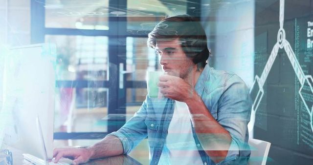 Tech analyst monitoring data overlays at modern office