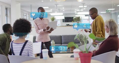 Young professionals presenting in modern office lounge with social media engagement overlays