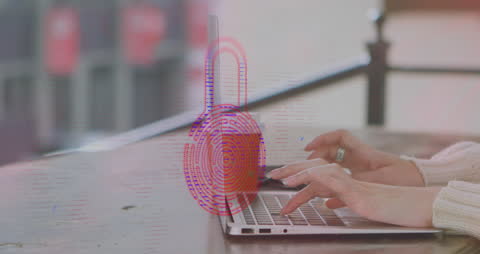 Online Security Concept with Woman Using Laptop and Digital Padlock