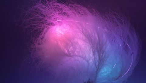Glowing neon feather plume with wispy filaments in pink and cyan lighting