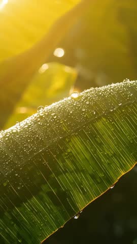 Dew-covered banana leaf catching golden dawn light with droplet sliding vertical video